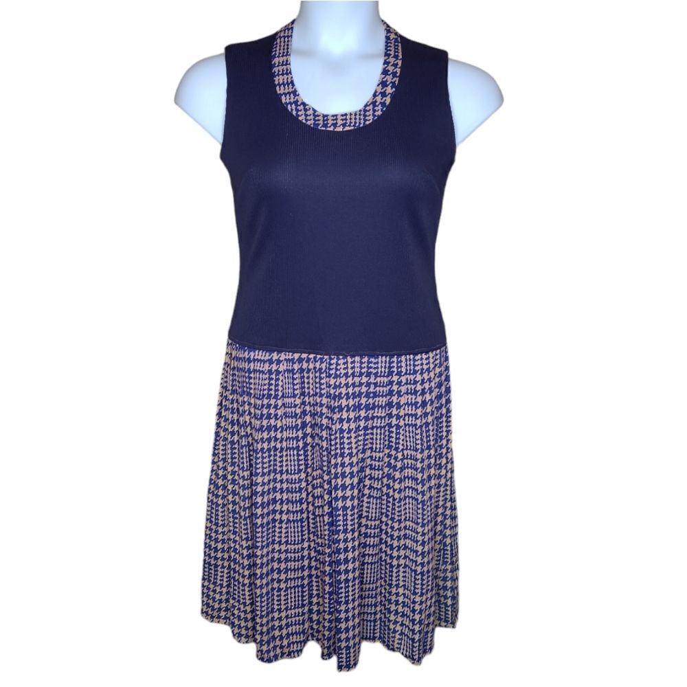 VINTAGE 70s navy blue sleeveless houndstooth pleated drop waist dress S